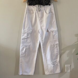 Distressed White Cargo Barrel Wide Leg Painters Pants Jeans